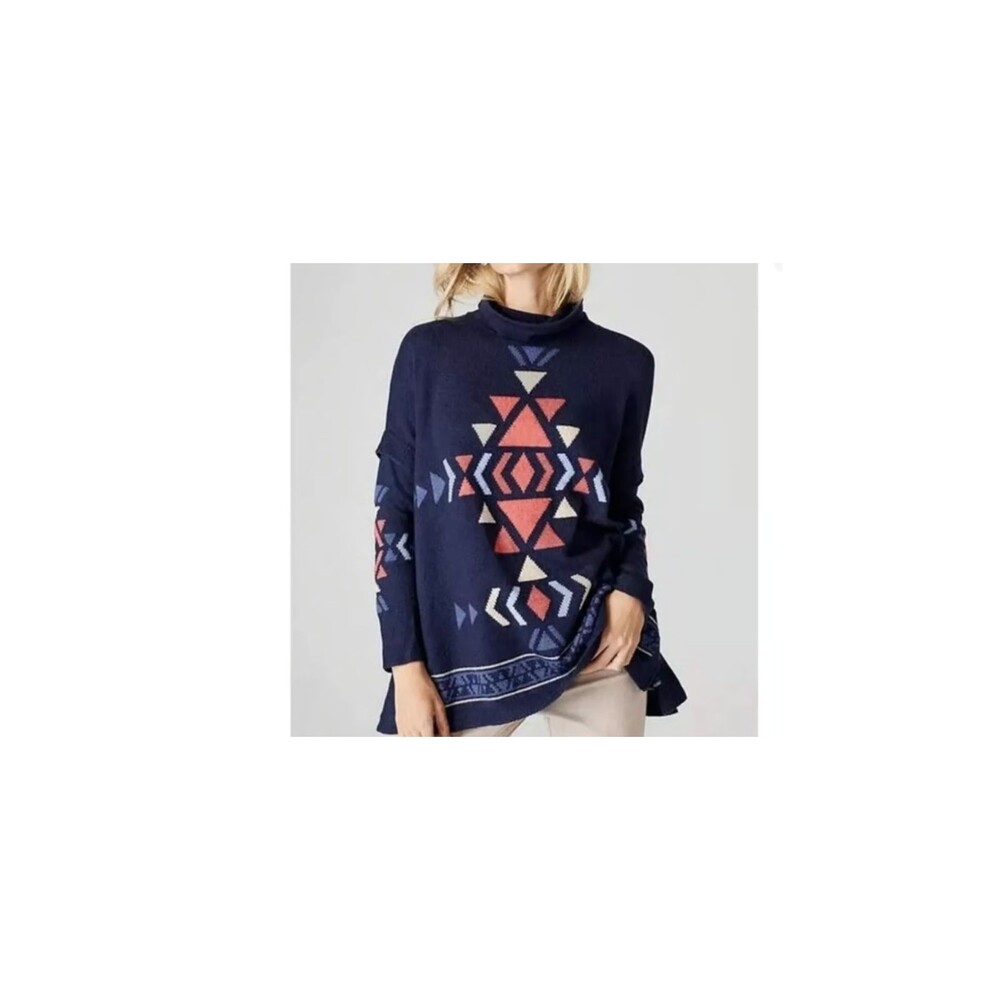 J. Jill Shawl Poncho Sweater M Blue Aztec Southwest Relaxed Casual Oversized
